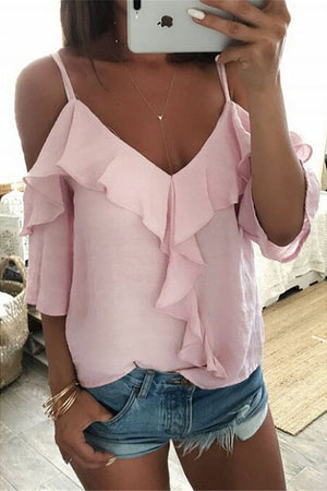 Sexy Sling Halter Ruffled Blouse Women's T-shirt