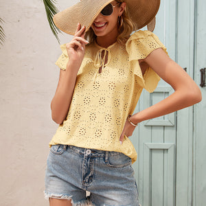 Women's Round Neck Lotus Leaf Sleeve Shirt Blouse