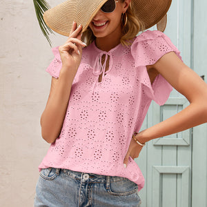 Women's Round Neck Lotus Leaf Sleeve Shirt Blouse