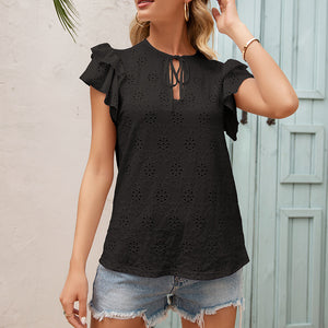 Women's Round Neck Lotus Leaf Sleeve Shirt Blouse