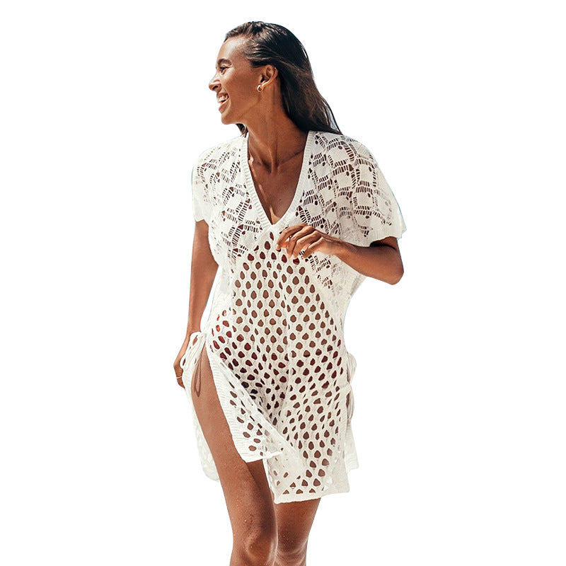 New Style Blouse Women Knitted Hollow V-neck Pullover Short Sleeve Blouse Skirt Women
