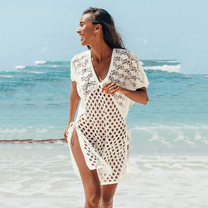 New Style Blouse Women Knitted Hollow V-neck Pullover Short Sleeve Blouse Skirt Women