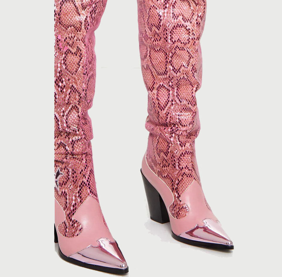 Fashion Snake Print Pointed Toe Thick Heel High Heel Boots Women