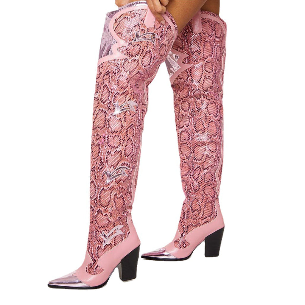 Fashion Snake Print Pointed Toe Thick Heel High Heel Boots Women
