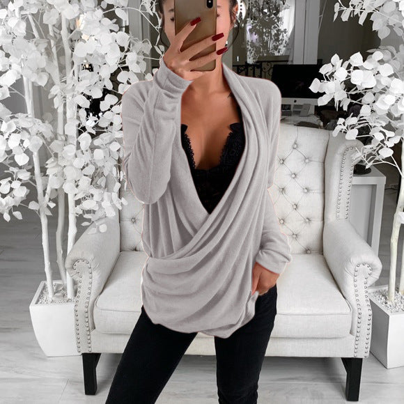 Pure Color All-match Low-cut Long-sleeved Blouse Women