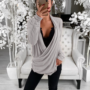 Pure Color All-match Low-cut Long-sleeved Blouse Women