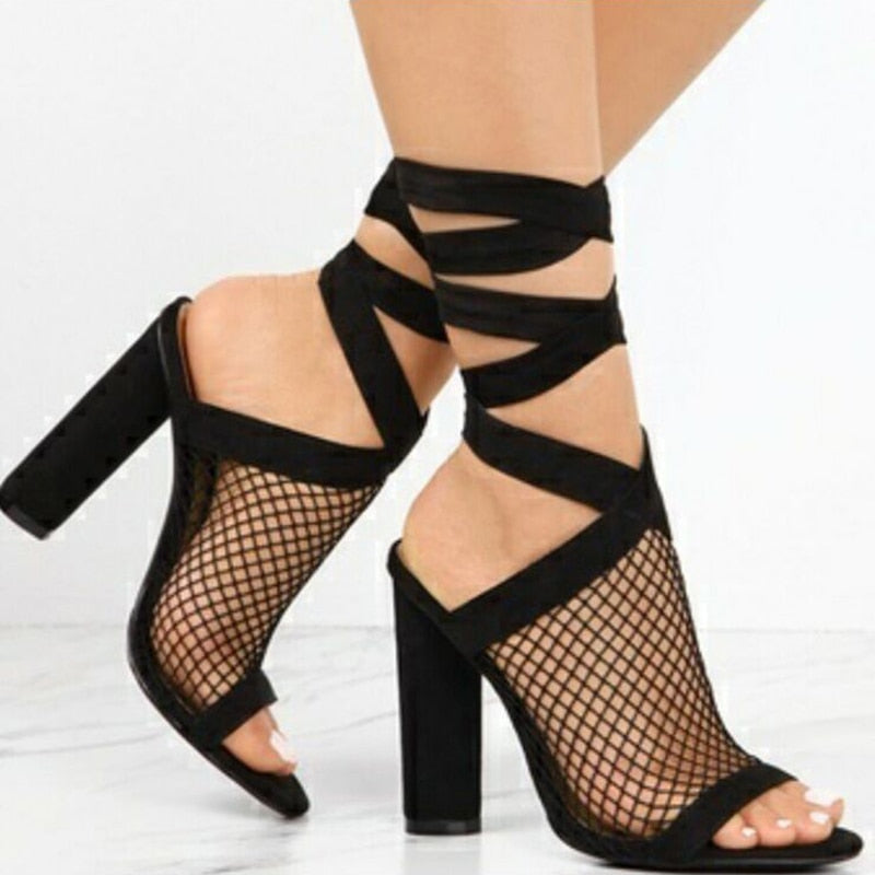 Women Sandals Bandage Flock Cross Strap Lace Up High Heels Sandal Femme Fashion Pump Summer Shoes