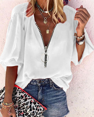 V-neck Half-sleeve Zipper Blouse Women