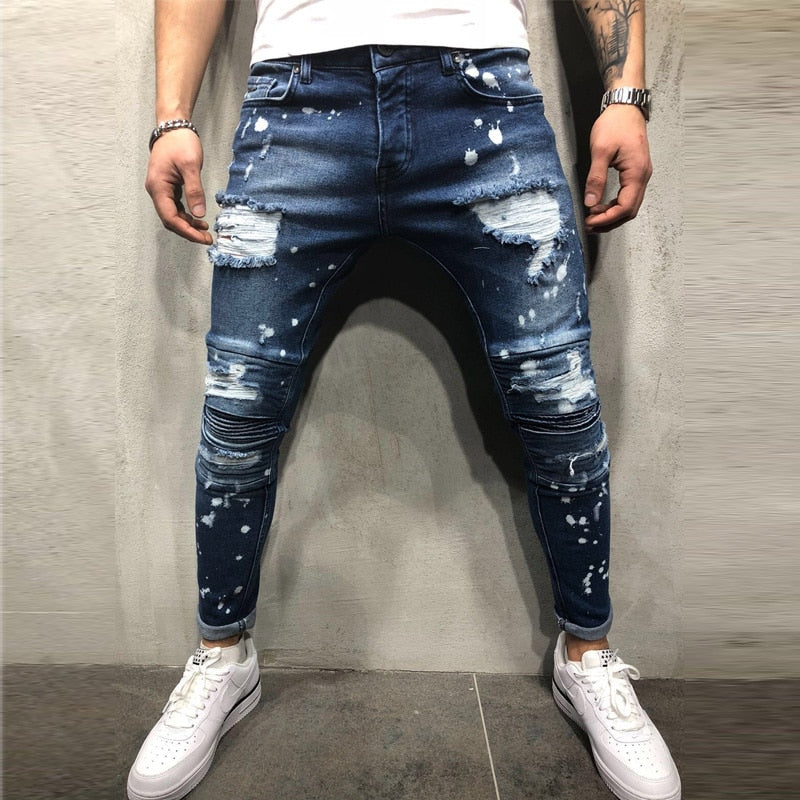 Slim-fit men's jeans with ripped pleats