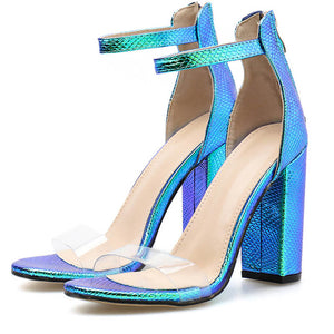 Snake pattern thick high heel sandals women