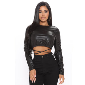 Fashion Short Umbilical PU Blouse Women