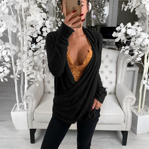 Pure Color All-match Low-cut Long-sleeved Blouse Women