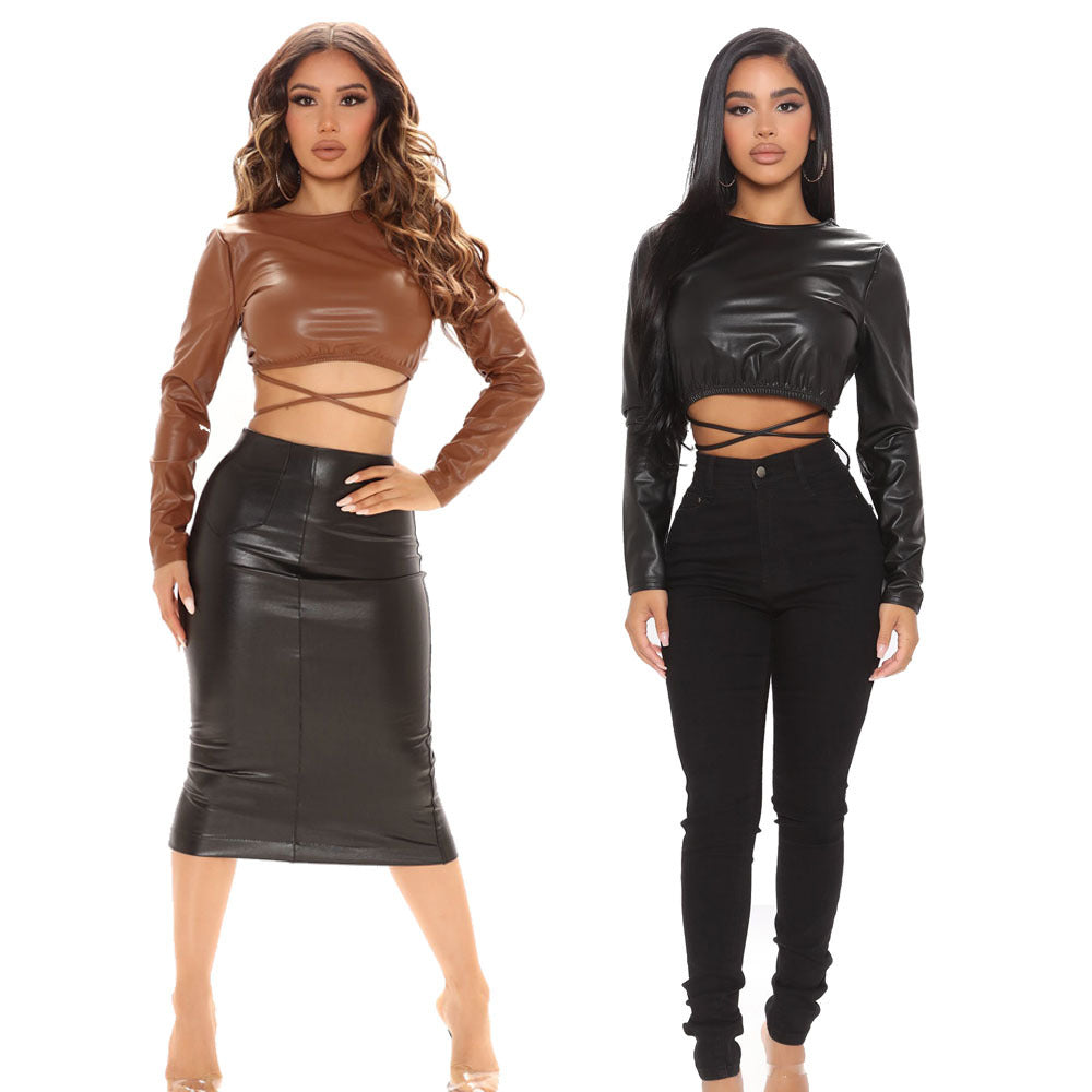Fashion Short Umbilical PU Blouse Women