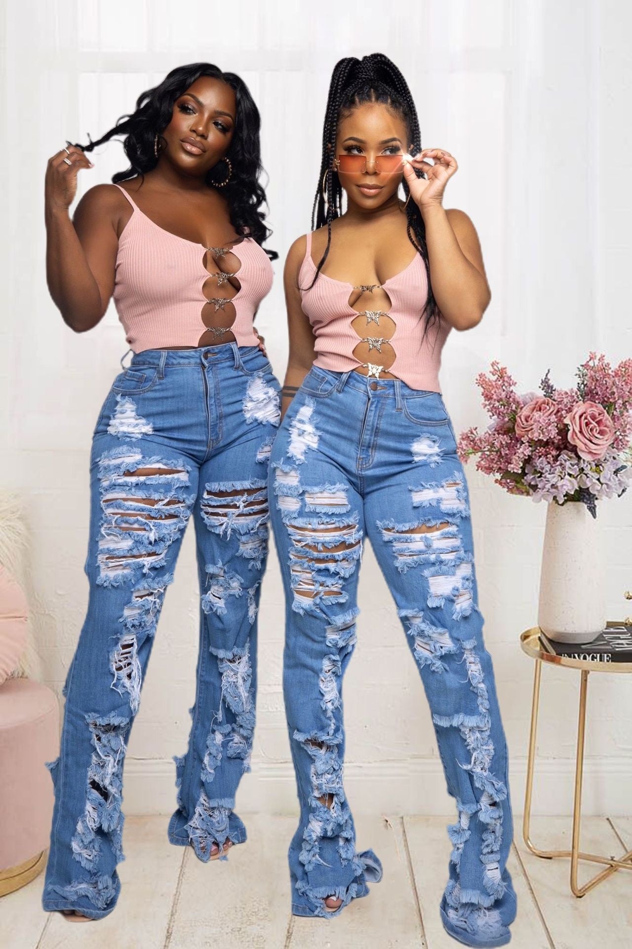 New Design Streetwear High Waist Women Jean Trousers Hollow Out Casual Fashion Flared Skinny Jeans Women