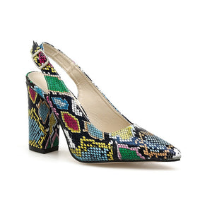 Color Snake Print Thick Heel Pointed High Heeled Shoes Women