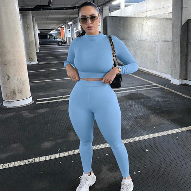 Two Piece Sets Women Tracksuits High Waist Stretchy Crop Tops And Leggings Matching Outfits