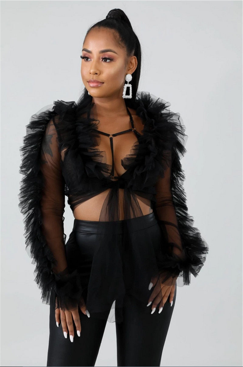 CHRONSTYLE Summer Shirts Mesh Sheer See Through Ruffles Long Sleeve Crop Tops