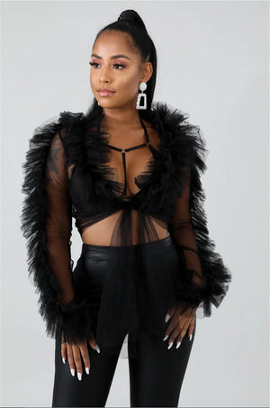CHRONSTYLE Summer Shirts Mesh Sheer See Through Ruffles Long Sleeve Crop Tops