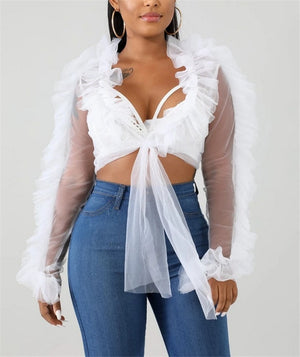 CHRONSTYLE Summer Shirts Mesh Sheer See Through Ruffles Long Sleeve Crop Tops
