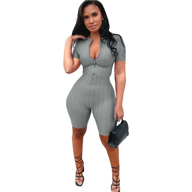 Summer Women Casual Fashion Sexy Skinny Zipper Yoga Short Sleeve