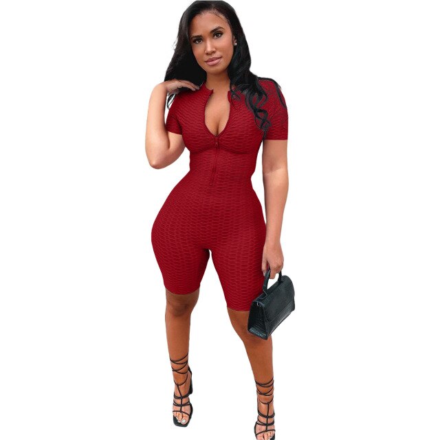 Summer Women Casual Fashion Sexy Skinny Zipper Yoga Short Sleeve