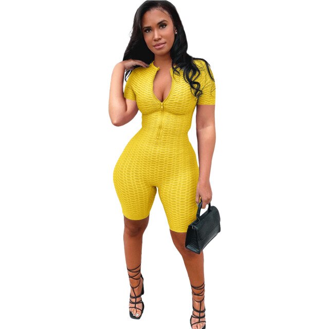 Summer Women Casual Fashion Sexy Skinny Zipper Yoga Short Sleeve