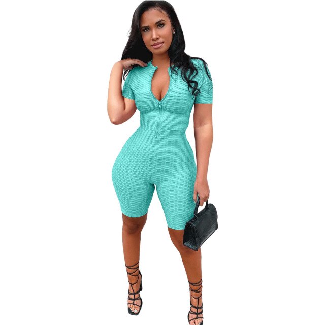 Summer Women Casual Fashion Sexy Skinny Zipper Yoga Short Sleeve