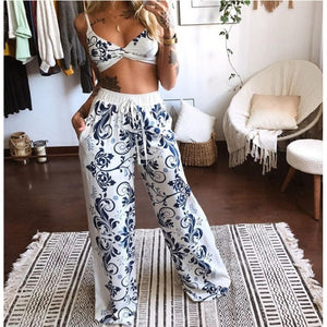 2 Pcs Suit Summer Tracksuit Sets Womens Outfits Boho Beach Style Print