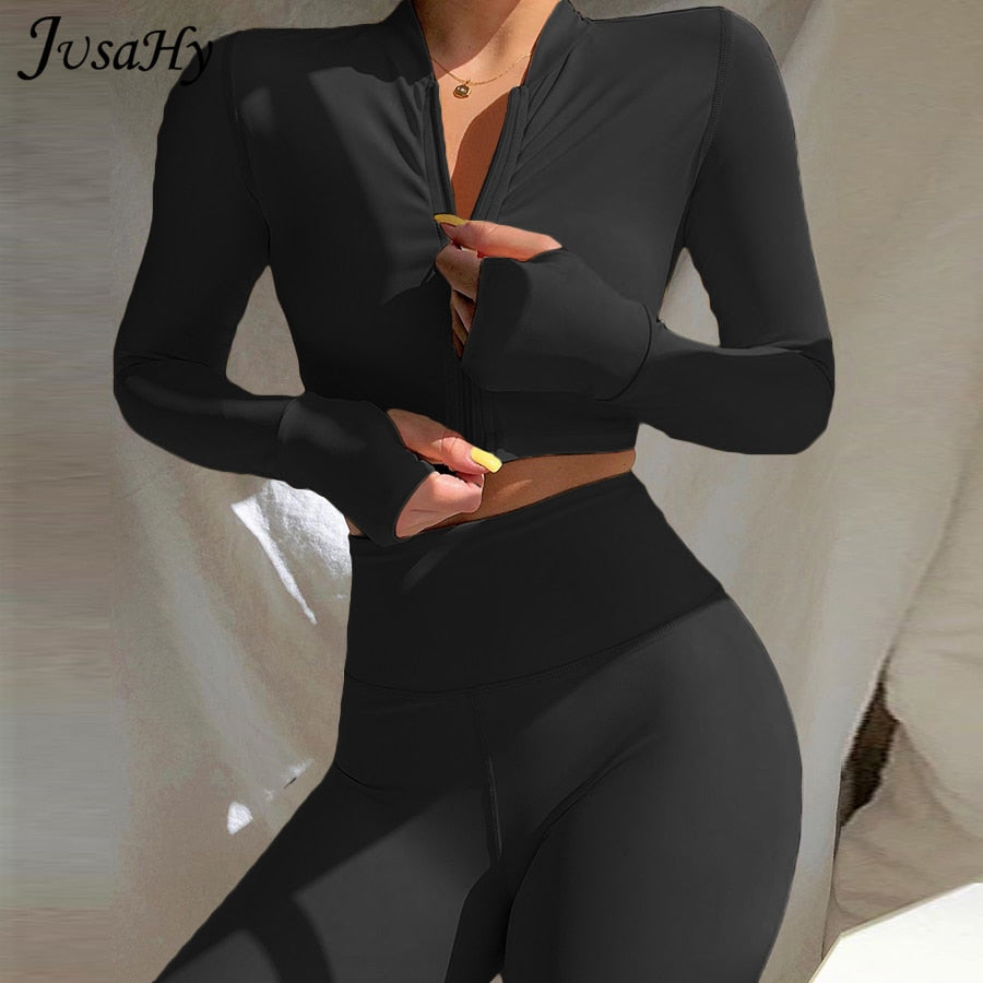 2 Piece Yoga Set Women Zipper Skinny Crop Top Leggings