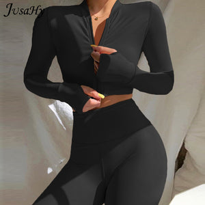 2 Piece Yoga Set Women Zipper Skinny Crop Top Leggings