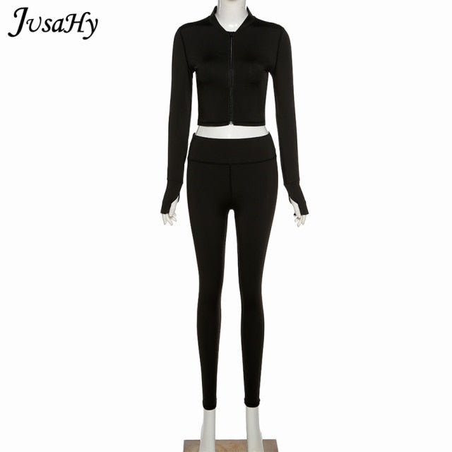 2 Piece Yoga Set Women Zipper Skinny Crop Top Leggings