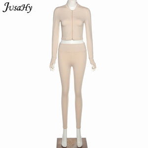2 Piece Yoga Set Women Zipper Skinny Crop Top Leggings