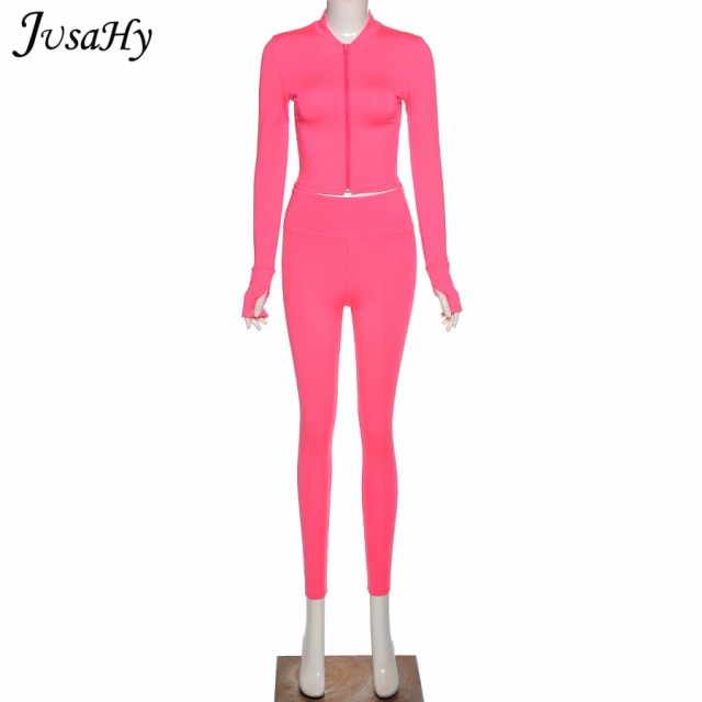 2 Piece Yoga Set Women Zipper Skinny Crop Top Leggings