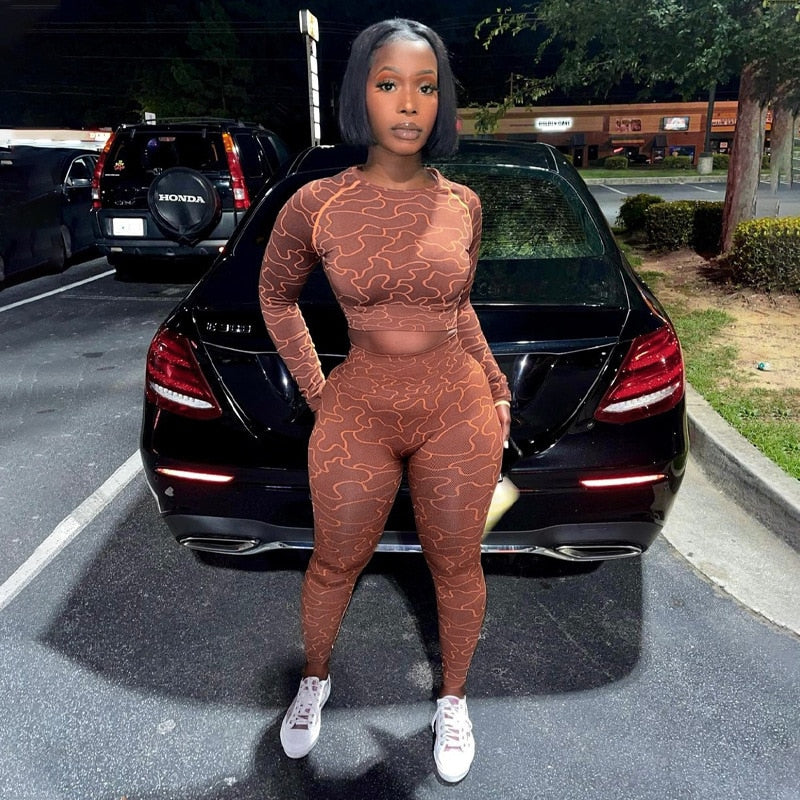hirigin Fashion Printed 2 Piece Set Long Sleeve Crop Top And Leggings Matching Sets 2021 Autumn Casual Fitness Yoga Tracksuits
