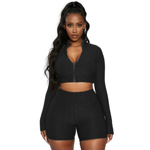 2 Pieces Jogging Yoga Suit Set Femme Solid Color Stand Collar Long Sleeve Crop Tops