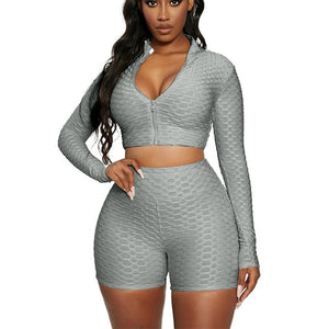 2 Pieces Jogging Yoga Suit Set Femme Solid Color Stand Collar Long Sleeve Crop Tops