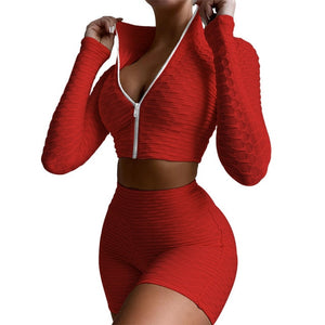 2 Pieces Jogging Yoga Suit Set Femme Solid Color Stand Collar Long Sleeve Crop Tops