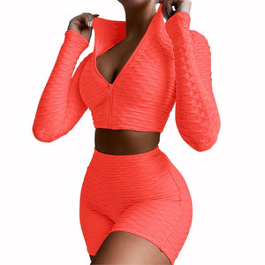 2 Pieces Jogging Yoga Suit Set Femme Solid Color Stand Collar Long Sleeve Crop Tops