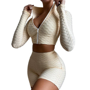 2 Pieces Jogging Yoga Suit Set Femme Solid Color Stand Collar Long Sleeve Crop Tops